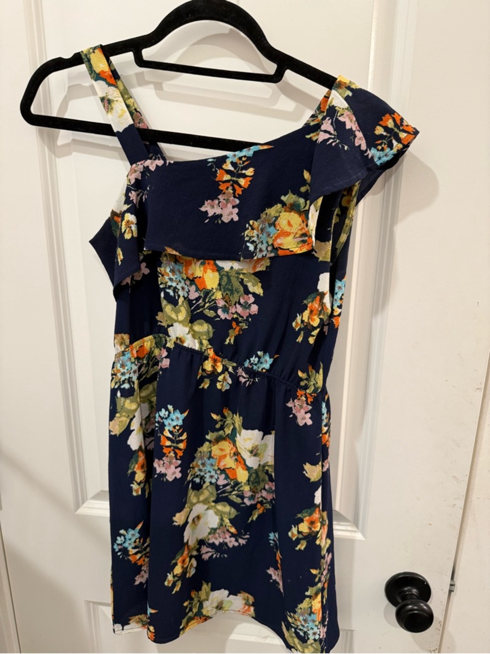 Monteau Navy Floral One-Shoulder Ruffle Dress